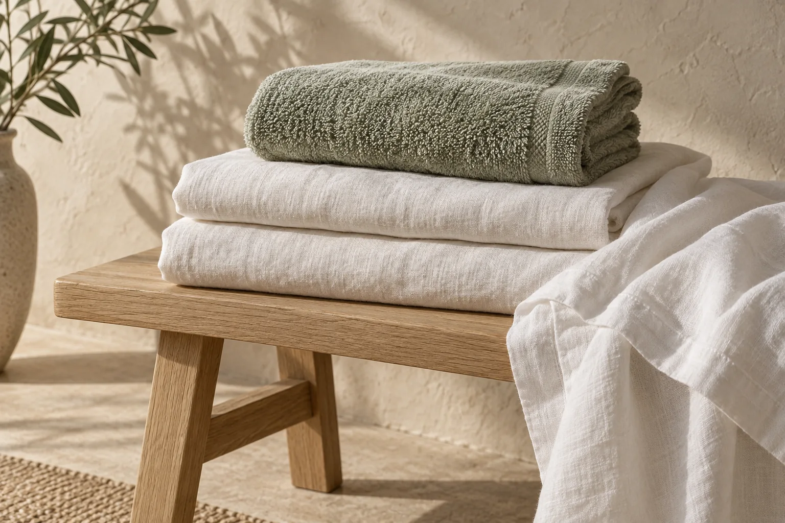 Natural linen and a green towel, AI-generated illustrative product study