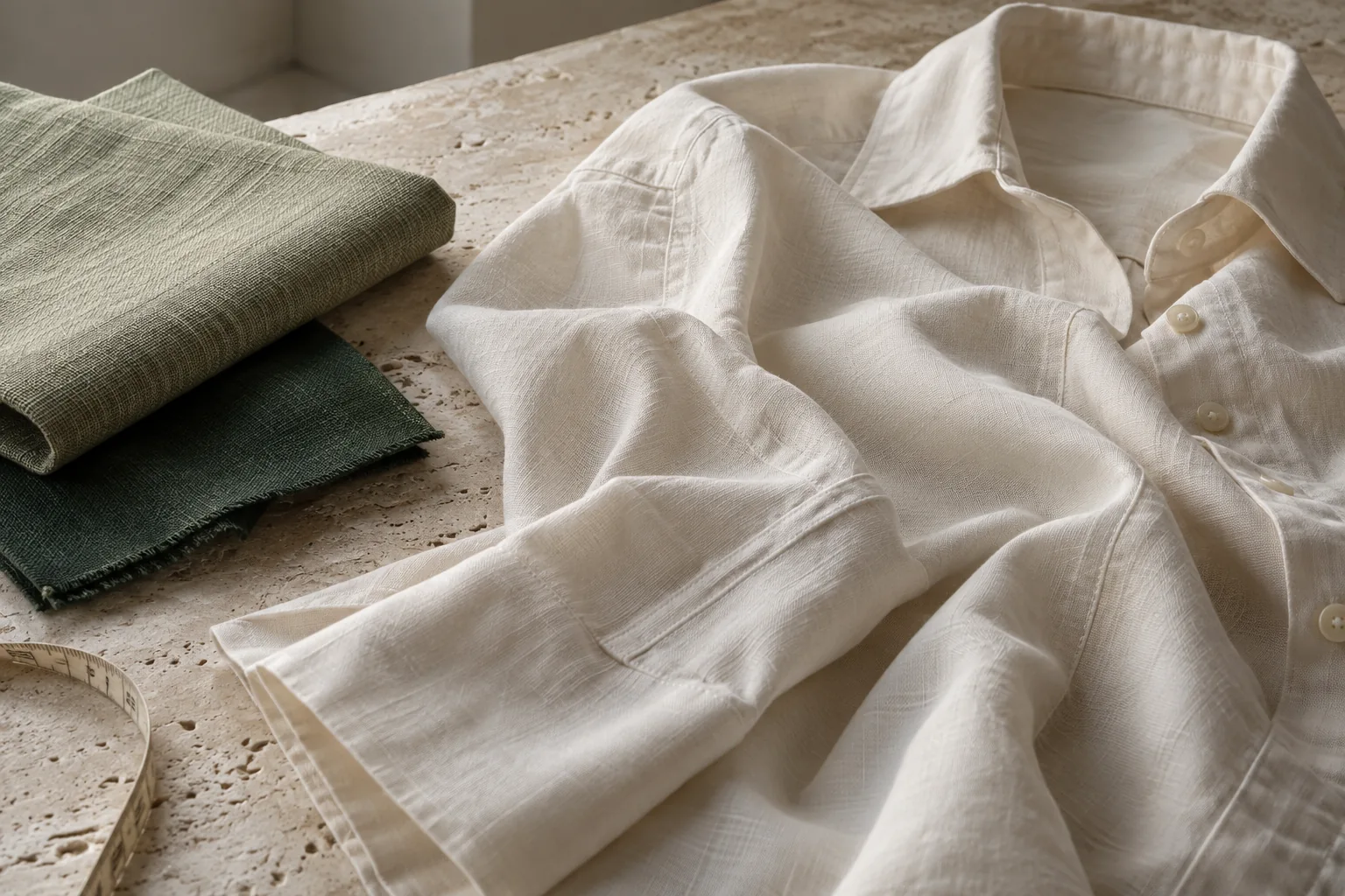 Ivory shirt and green fabric, AI-generated illustrative product study